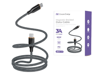 Nový magnetický kabel Encore Energy USB-C x2 kabel QC PD 3A 60W pro nabíjení a přenos dat 100 cm pletený černobílý EE126-CC