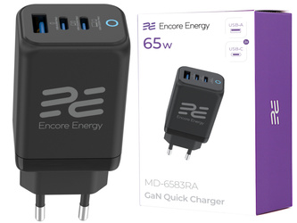 Neues GaN 65W USB-A + 2x USB-C QC PPS PD Netzladegerät Encore Energy MD-6583RA