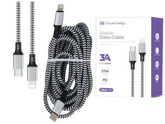 Neues Encore Energy USB-C Lightning 3A Kabel QC PD 27W zum Laden und Datentransfer 300 cm geflochten schwarz-weiß EE118-CL