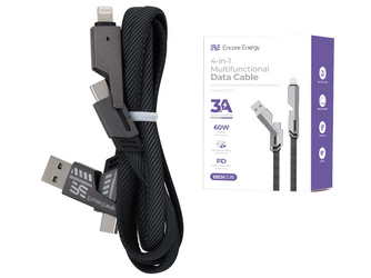 Neues Encore Energy 4w1 USB-C USB-A Lightning 3A flaches Kabel mit Geflecht QC PD 60W zum Laden und Datentransfer 100 cm EE155