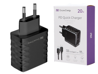 New 20W USB-C QC PD wall charger + 200cm USB-C cable Encore Energy MD-202mC