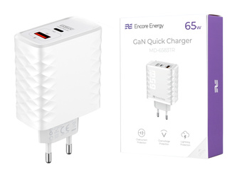 New GaN 65W USB-A + USB-C QC PD Wall Charger Encore Energy MD-6583TR