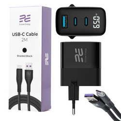 New Encore Energy GaN QC 4+ PD 3.0 USB-A USB-C x2 65W MD-6583R power adapter with display + Encore Energy 2m USB cable