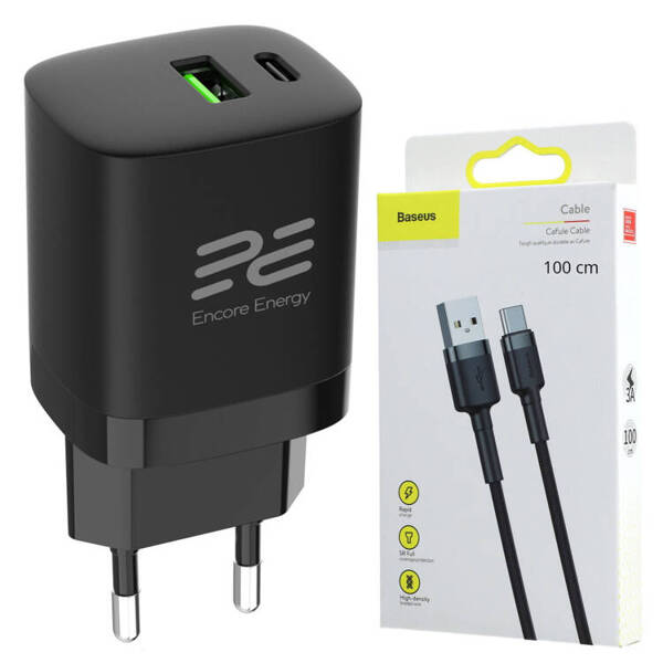 New Encore Energy PD 3.0 Quick Charge 4.0 USB-A USB-C 30W Wall Charger MD-3083R + Baseus 1m USB Cable