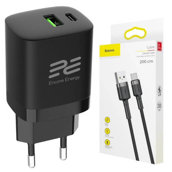 New Encore Energy PD 3.0 Quick Charge 4.0 USB-A USB-C 30W Wall Charger MD-3083R + Baseus 2m USB Cable