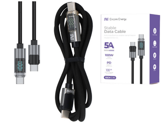 Encore Energy nuevo cable con pantalla USB-C x2 5A cable QC PD 100W para carga y transferencia de datos 100 cm trenzado negro EE154-CC