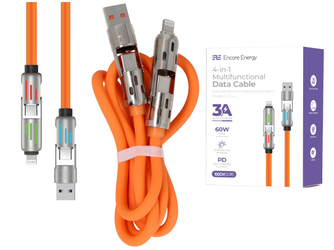Nouveau câble Encore Energy 4 en 1 avec des connecteurs éclairés USB-C, USB-A, Lightning, 3A, câble QC PD 60W pour la charge et le transfert de données, 100 cm, orange EE144