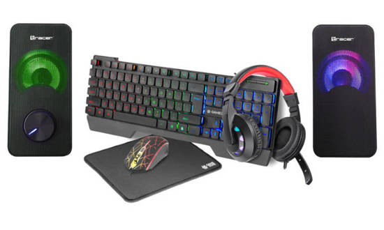 Nowy Zestaw dla Gracza Mysz Podkładka Klawiatura Słuchawki Tracer MAMOOTH + Głośniki Tracer 2.0 Loop RGB USB