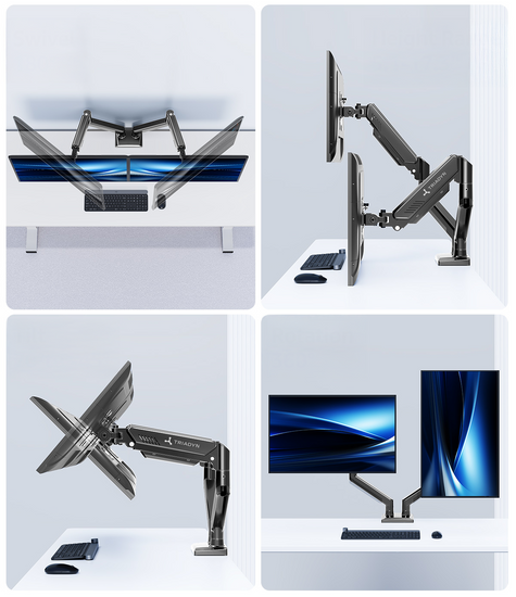 New Triadyn DuoFlexMount Desk Mount for Two Monitors Televisions 13-32" Ergonomic Adjustable Rotating TRD-BLK-2AL-13"-32"