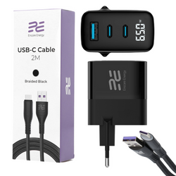 Nový napájecí adaptér Encore Energy GaN QC 4+ PD 3.0 USB-A USB-C x2 65W MD-6583R s displejem + USB kabel Encore Energy 2m