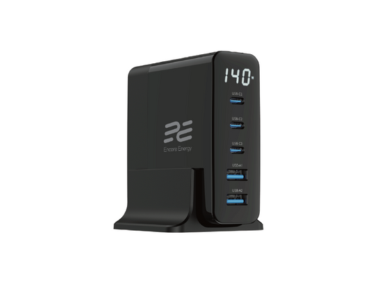 Nová síťová nabíječka Encore Energy GaN QC 4+ 5.0 PD 3.0 USB-A x2 USB-C x3 140W GaN-14083R s displejem + kabel USB-A USB-C 2m