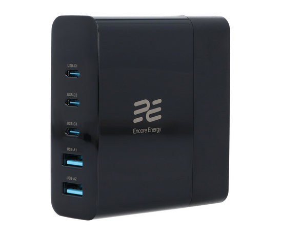 Neue Ladestation Encore Energy Desktop-Ladegerät GaN QC 4+ 5.0 PD 3.0 USB-A x2 USB-C x3 140W GaN-14083R mit Display + USB-C Kabel 2m