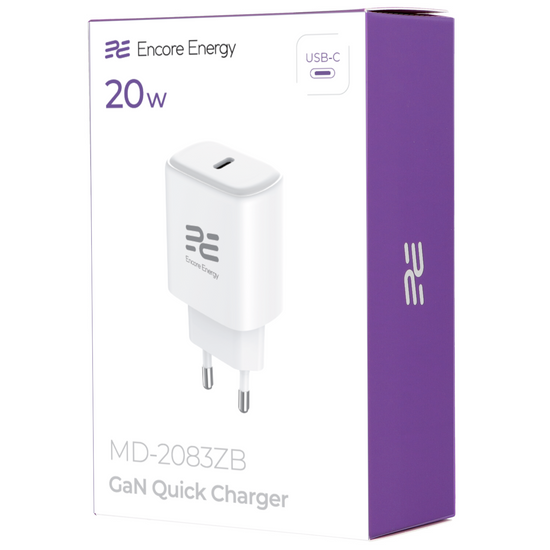 Neue GaN 20W USB-C QC PD Netzladegerät Encore Energy MD-2083ZB + Kabel 2x USB-C 50cm