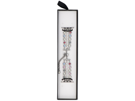 Nueva pulsera para smartwatch GlacierX Slider Clasp Triple Chain Pearl Bracelet Crystal Candy para Apple Watch 38/40/41mm de color plateado.