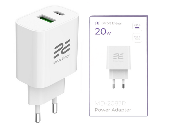 Neues Netzladegerät Encore Energy PD 3.0 Quick Charge 4.0 USB-A USB-C 20W Adapter MD-2083R + Kabel 2x USB-C 100cm
