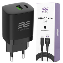 Nouveau chargeur secteur Encore Energy PD 3.0 Quick Charge 4.0 USB-A USB-C 30W MD-3083R + Câble Encore Energy USB 2m