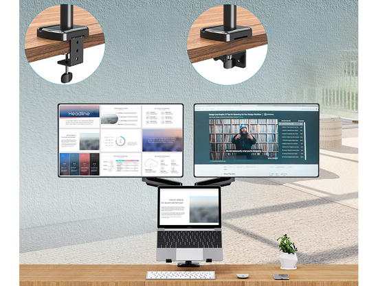 Nový stolní držák Triadyn TriMount na dva monitory a laptop ergonomický nastavitelný otočný TRD-BLK-3AL-13"-32"