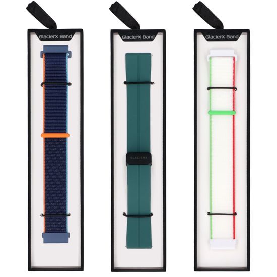 Set di cinturini per smartwatch GlacierX Grip Strap Ice White + Fibbia Magnetica in Silicone Verde Foresta + Grip Strap Nylon Blu Oceano 22mm