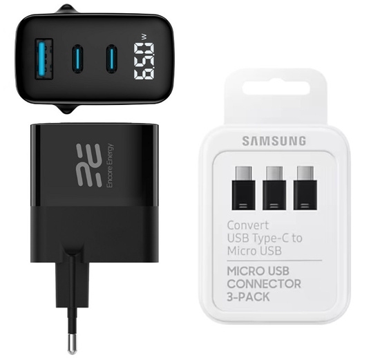 New Encore Energy GaN QC 4+ PD 3.0 USB-A USB-C x2 65W MD-6583R power charger with display + Samsung Micro USB to USB-C adapter