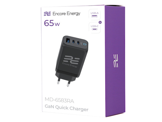 Nouveau chargeur secteur GaN 65W USB-A + 2x USB-C QC PPS PD Encore Energy MD-6583RA