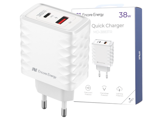 New 38W USB-A USB-C QC PD Wall Charger Encore Energy MD-3883TR