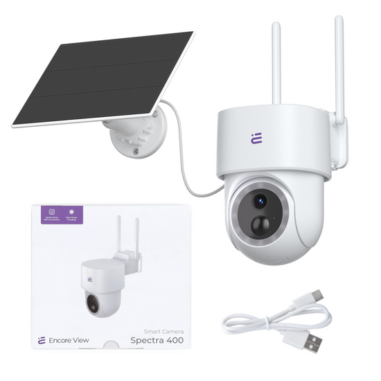 Nueva cámara inteligente Starlight WiFi + Panel Solar 3W USB-C PTZ 4Mpx FHD IP65 Encore View Spectra 400