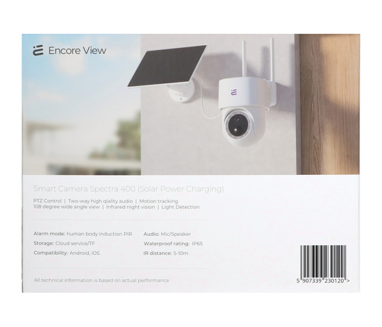 Nueva cámara inteligente Starlight WiFi + Panel Solar 3W USB-C PTZ 4Mpx FHD IP65 Encore View Spectra 400