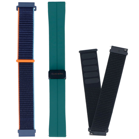 Set di cinturini per smartwatch GlacierX Grip Strap Nylon Nero + Fibbia Magnetica in Silicone Verde Foresta + Grip Strap Nylon Blu Oceano 22mm