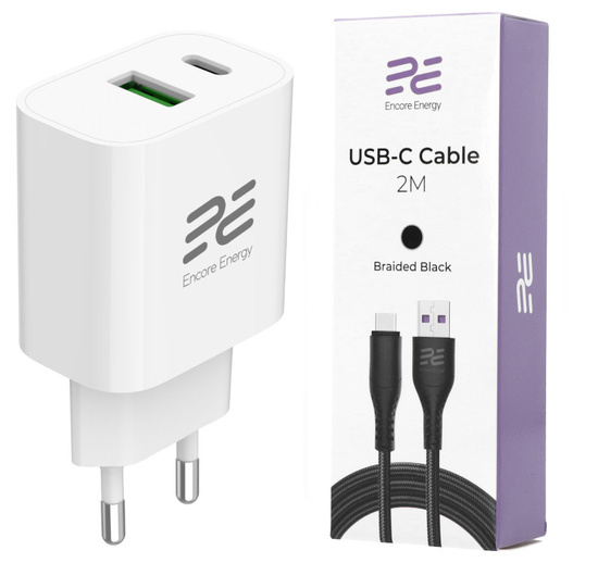 Nová síťová nabíječka Encore Energy PD 3.0 Quick Charge 4.0 USB-A USB-C 20W adaptér MD-2083R + Kabel Encore Energy USB 2m