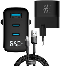 Nová nabíječka do sítě USB Encore Energy GaN QC 4+ PD 3.0 USB-A USB-C x2 Rychlá nabíječka 65W s displejem + Kabel USB Baseus 2m