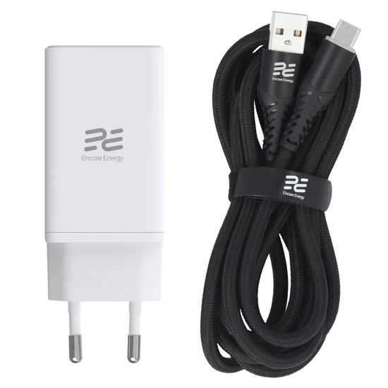 Нова мережна зарядка GaN 65W USB-A + 2x USB-C QC PPS PD Encore Energy MD-6590R + кабель USB-A USB-C 2м
