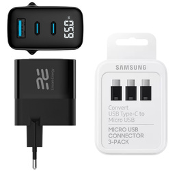 Neues Netzladegerät Encore Energy GaN QC 4+ PD 3.0 USB-A USB-C x2 Schnellladegerät 65W mit Display + Adapter Samsung Micro USB zu USB-C