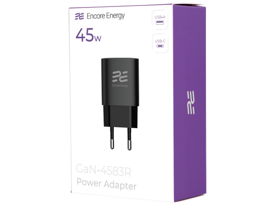 Nová síťová nabíječka Encore Energy GaN QC 4.0 PD 3.0 USB-A USB-C 45W GaN-4583R + kabel USB-C 2m