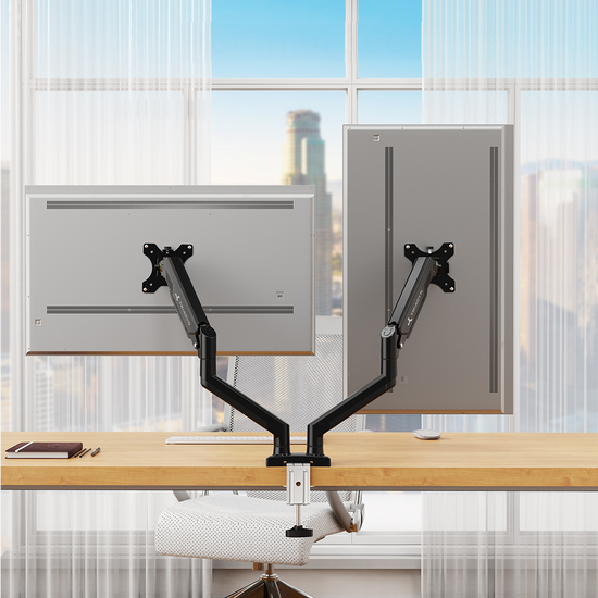 Nuevo Soporte de Escritorio Triadyn DuoFlexMount para Dos Monitores Televisores de 13-32" Ergonómico Ajustable Giratorio TRD-BLK-2AL-13"-32"