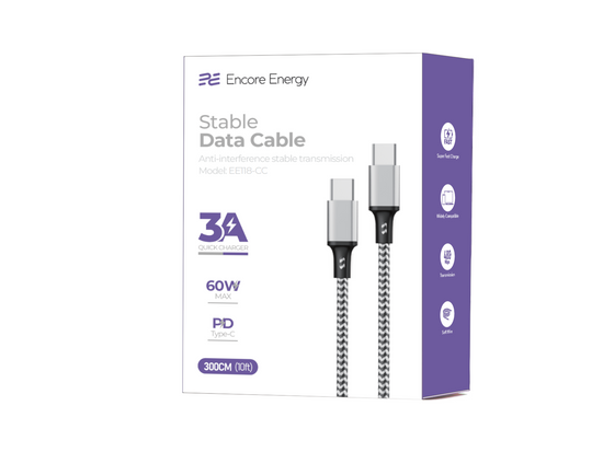 Nouveau câble Encore Energy USB-C x2 3A câble QC PD 60W pour la charge et le transfert de données 300 cm tressé noir et blanc EE118-CC
