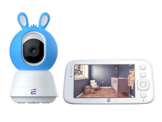 Nueva cámara inteligente para bebés WiFi rotativa FHD con alarma de nanas Baby Guard + monitor azul Encore View