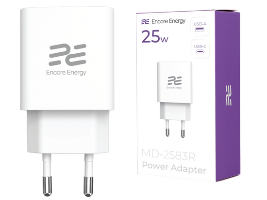 Nuovo caricabatterie da rete Encore Energy GaN QC PD USB-A 18W USB-C 25W MD-2583R + cavo 2x USB-C 100cm