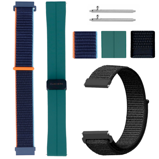 Set di cinturini per smartwatch GlacierX Grip Strap Nylon Nero + Fibbia Magnetica in Silicone Verde Foresta + Grip Strap Nylon Blu Oceano 22mm