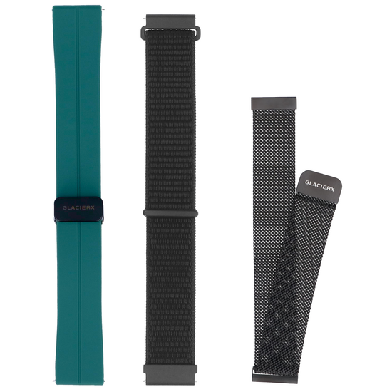 GlacierX Grip Strap Nylon Black + Silicone Magnetic Buckle Forest Green + Milanese Magnetic Strap Black mesh 22mm smartwatch strap set