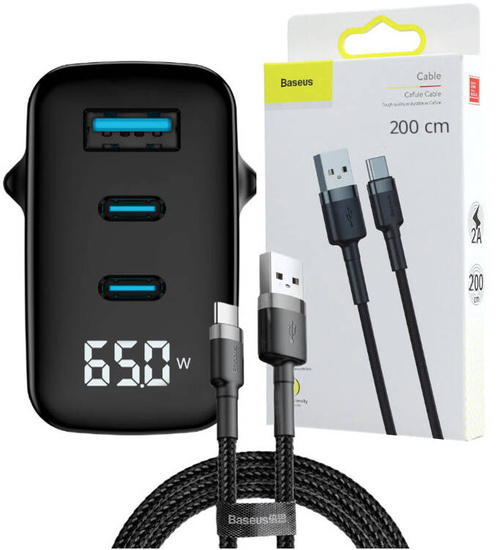 Cargador de pared nuevo Encore Energy GaN QC 4+ PD 3.0 USB-A USB-C x2 65W con pantalla Cargador USB rápido + Cable USB Baseus 2m