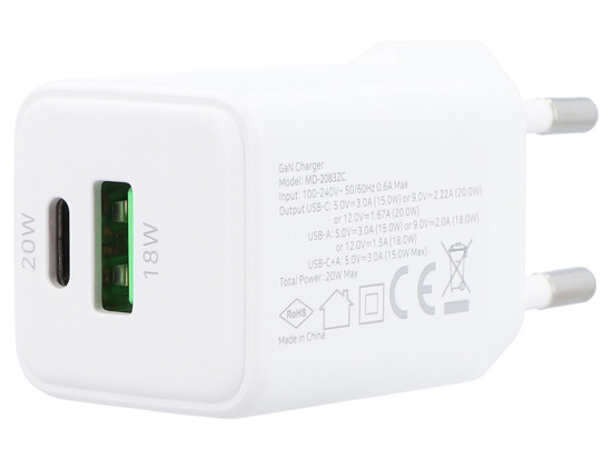 Neue GaN 20W USB-A USB-C QC PD Netzladegerät Encore Energy MD-2083ZC + Kabel 2x USB-C 100cm