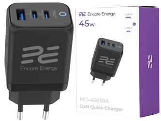 Нова мережна зарядка GaN 45W USB-A + 2x USB-C QC PPS PD Encore Energy MD-4583RA