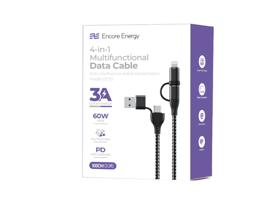 Neues Encore Energy 4in1 Kabel USB-C USB-A Lightning 3A QC PD 60W zum Laden und Datentransfer 100 cm geflochten EE115