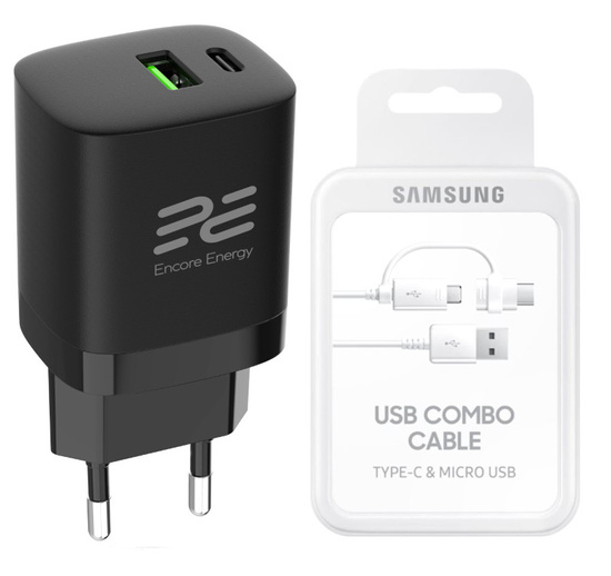 Nová nabíječka do sítě USB Encore Energy PD 3.0 Quick Charge 4.0 USB-A USB-C Rychlá nabíječka 30W + Kabel Samsung Combo USB