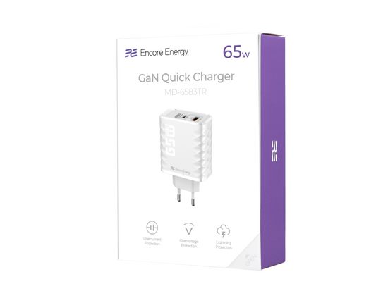 Nouveau chargeur secteur GaN 65W USB-A + USB-C QC PD Encore Energy MD-6583TR