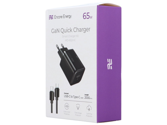 Nová síťová nabíječka GaN 65W USB-C QC PD + kabel USB-C 200cm Encore Energy MD-652mC