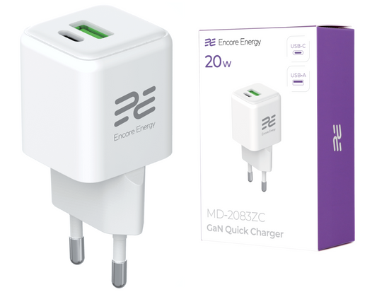 Nouveau chargeur secteur GaN 20W USB-A USB-C QC PD Encore Energy MD-2083ZC