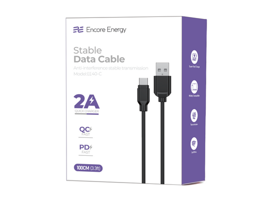 Nouveau câble Encore Energy USB-A USB-C 2A câble QC PD pour la charge et le transfert de données 100 cm noir EE40-C