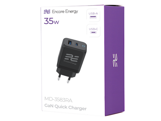Nouveau chargeur secteur GaN PD 3.0 Quick Charge 4.0 USB-A USB-C 35W Encore Energy MD-3583RA
