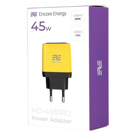 Neues Netzladegerät Encore Energy GaN QC PD USB-A 18W USB-C 45W MD-4583RD + USB-A auf USB-C Kabel 2m